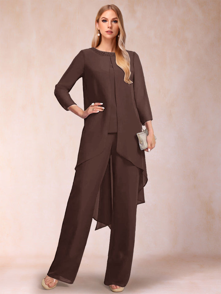 Chiffon Scoop Long Sleeves 2 Pieces Pantsuits with Rhinestone &amp; Jacket