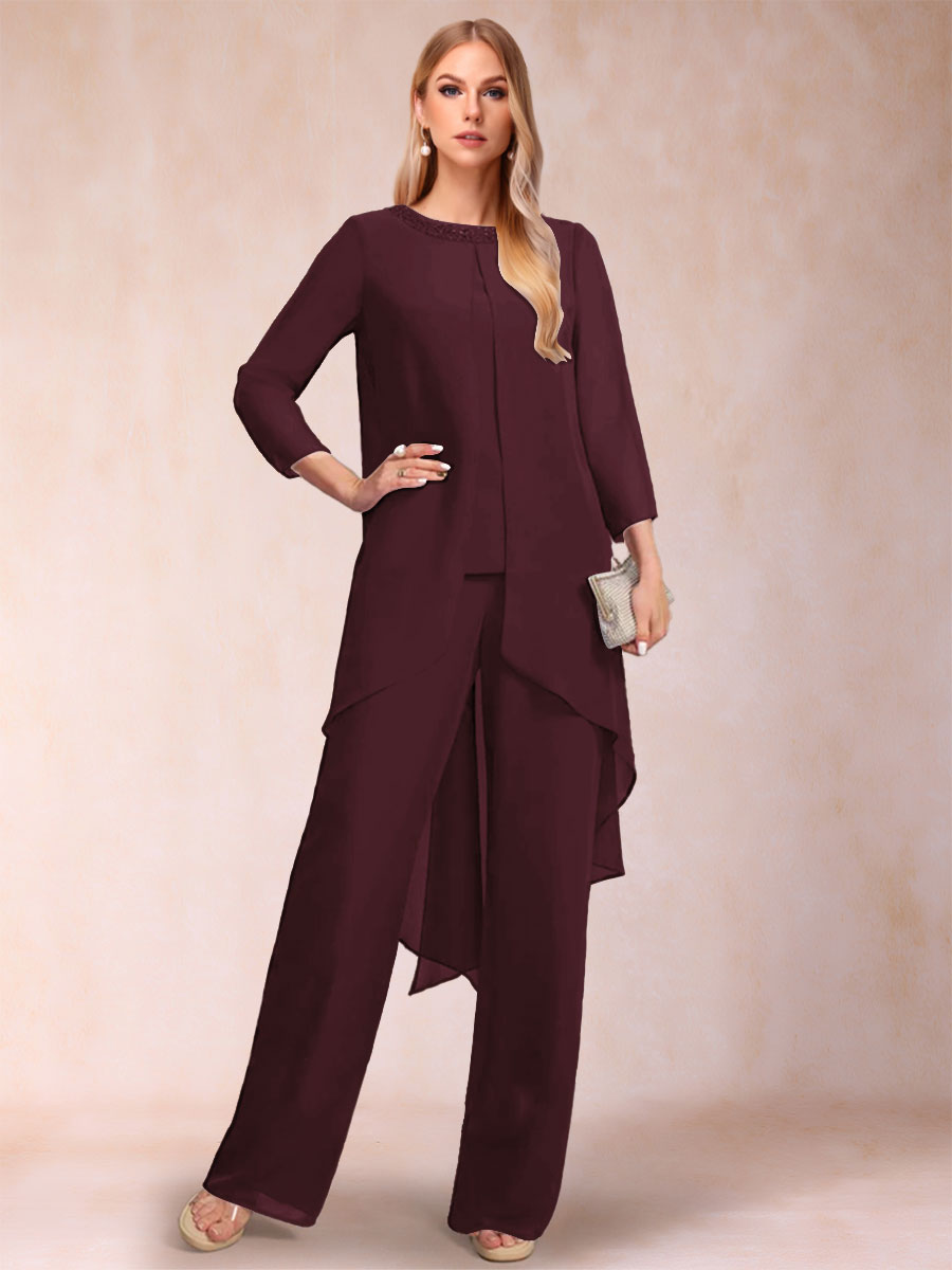 Chiffon Scoop Long Sleeves 2 Pieces Pantsuits with Rhinestone &amp; Jacket