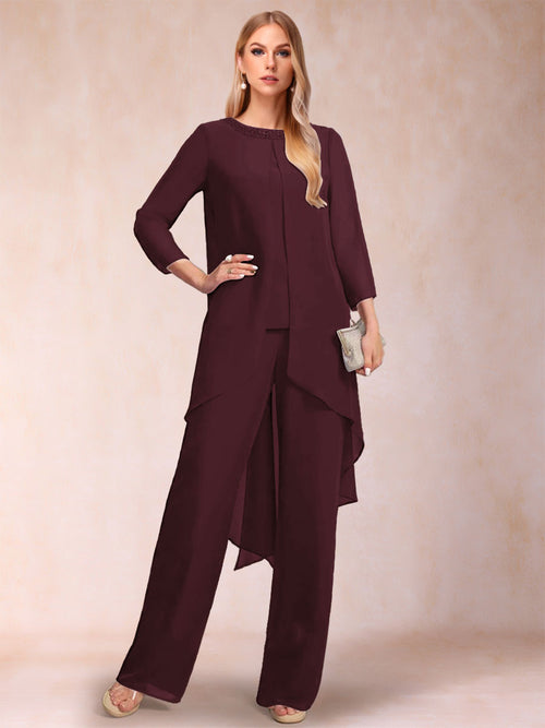 Chiffon Scoop Long Sleeves 2 Pieces Pantsuits with Rhinestone & Jacket
