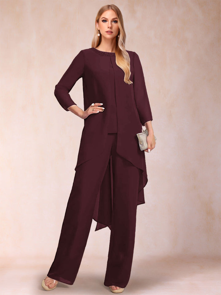 Chiffon Scoop Long Sleeves 2 Pieces Pantsuits with Rhinestone &amp; Jacket