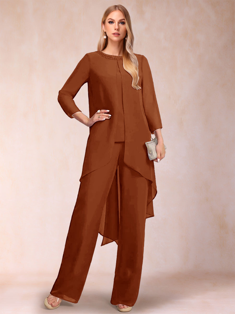 Chiffon Scoop Long Sleeves 2 Pieces Pantsuits with Rhinestone &amp; Jacket