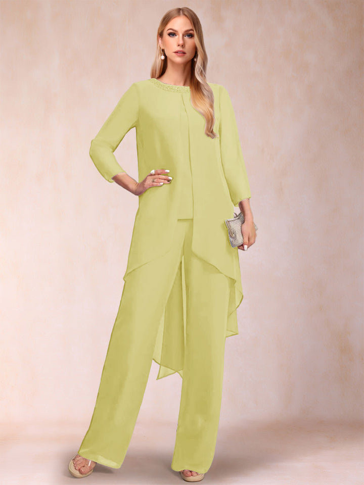 Chiffon Scoop Long Sleeves 2 Pieces Pantsuits with Rhinestone &amp; Jacket