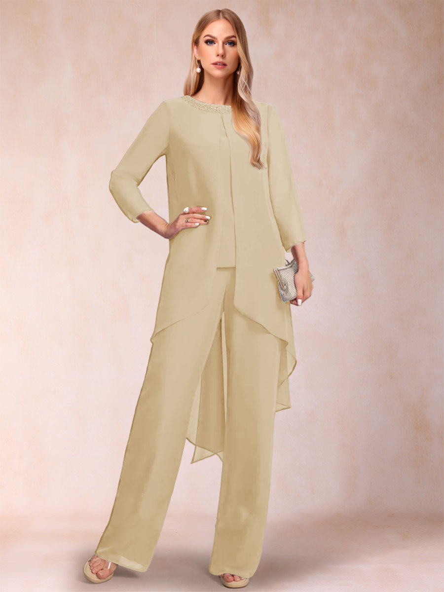 Chiffon Scoop Long Sleeves 2 Pieces Pantsuits with Rhinestone &amp; Jacket