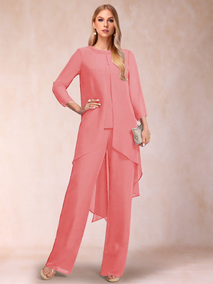 Chiffon Scoop Long Sleeves 2 Pieces Pantsuits with Rhinestone &amp; Jacket