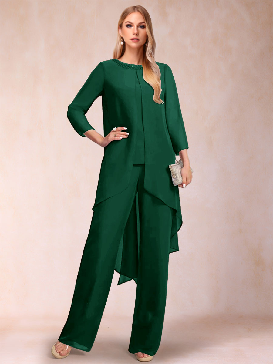 Chiffon Scoop Long Sleeves 2 Pieces Pantsuits with Rhinestone &amp; Jacket