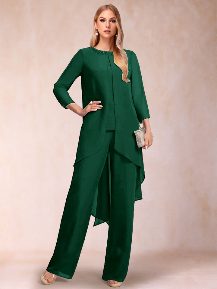 Chiffon Scoop Long Sleeves 2 Pieces Pantsuits with Rhinestone &amp; Jacket
