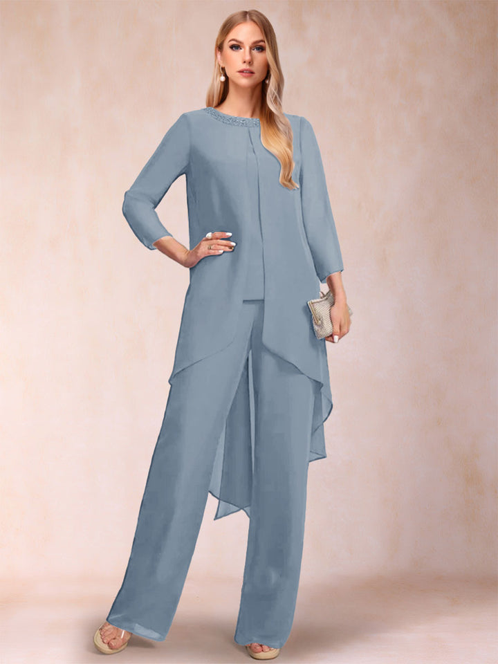 Chiffon Scoop Long Sleeves 2 Pieces Pantsuits with Rhinestone &amp; Jacket