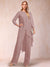 Chiffon Scoop Long Sleeves 3 Pieces Pantsuits with Rhinestone & Jacket