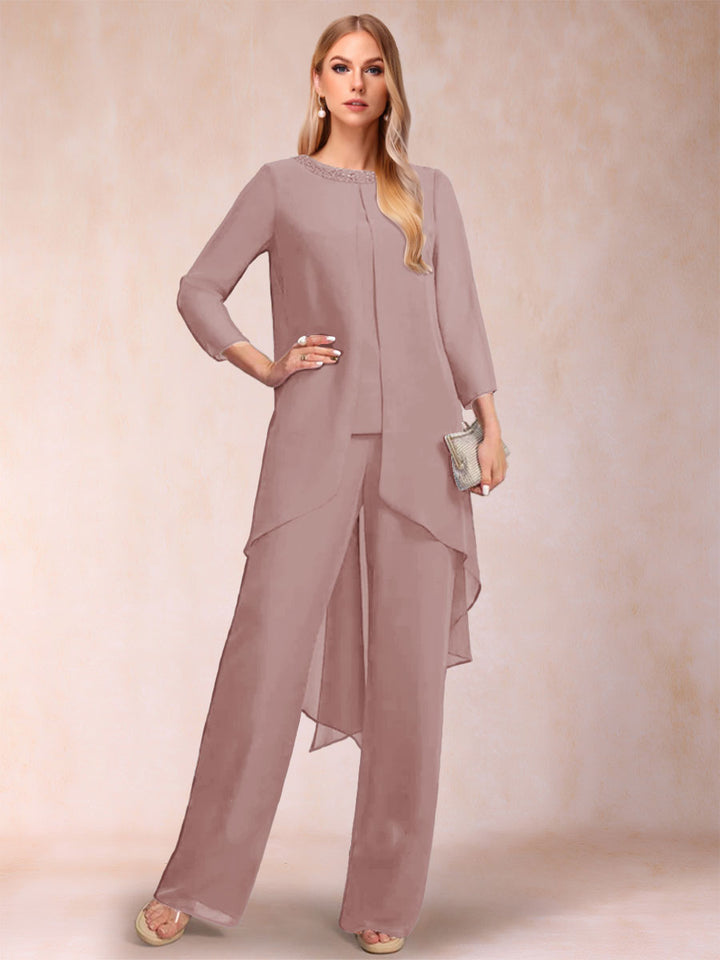 Chiffon Scoop Long Sleeves 2 Pieces Pantsuits with Rhinestone &amp; Jacket