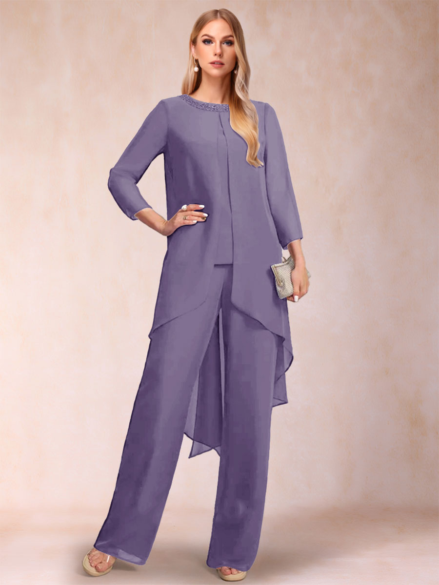 Chiffon Scoop Long Sleeves 2 Pieces Pantsuits with Rhinestone &amp; Jacket