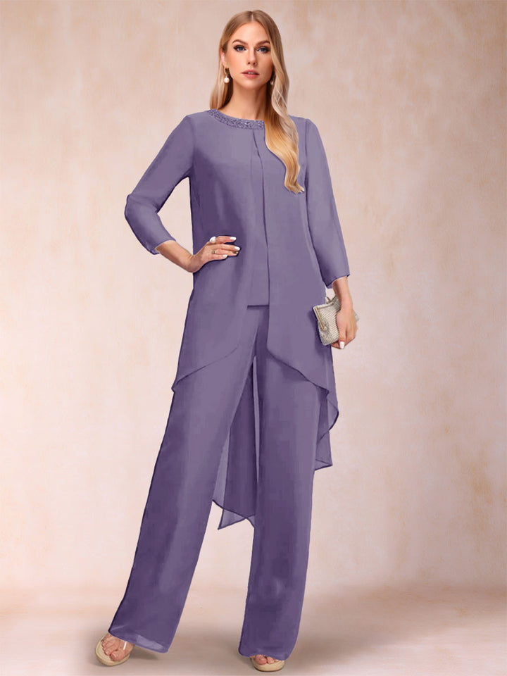 Chiffon Scoop Long Sleeves 2 Pieces Pantsuits with Rhinestone &amp; Jacket