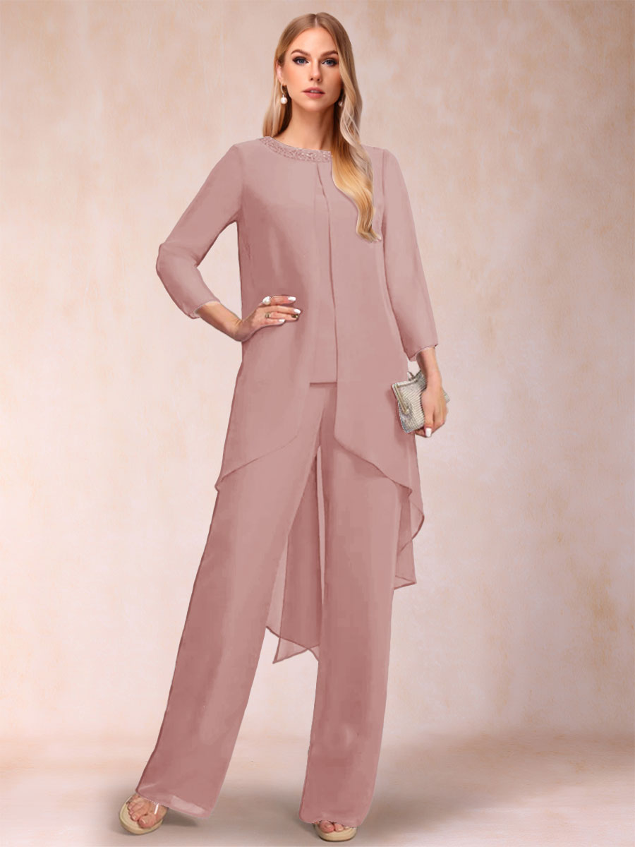 Chiffon Scoop Long Sleeves 2 Pieces Pantsuits with Rhinestone &amp; Jacket
