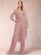 Chiffon Scoop Long Sleeves 2 Pieces Pantsuits with Rhinestone & Jacket