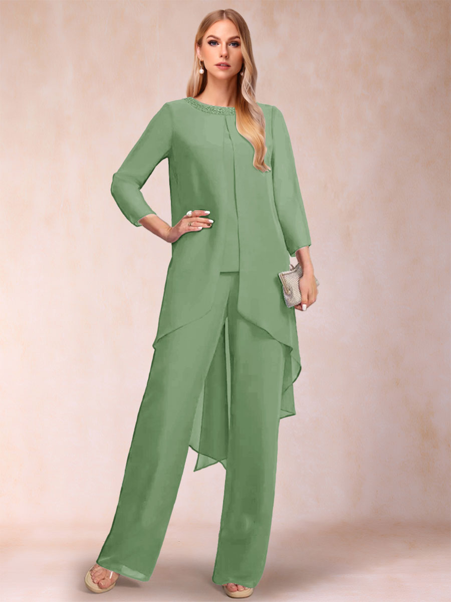 Chiffon Scoop Long Sleeves 2 Pieces Pantsuits with Rhinestone &amp; Jacket
