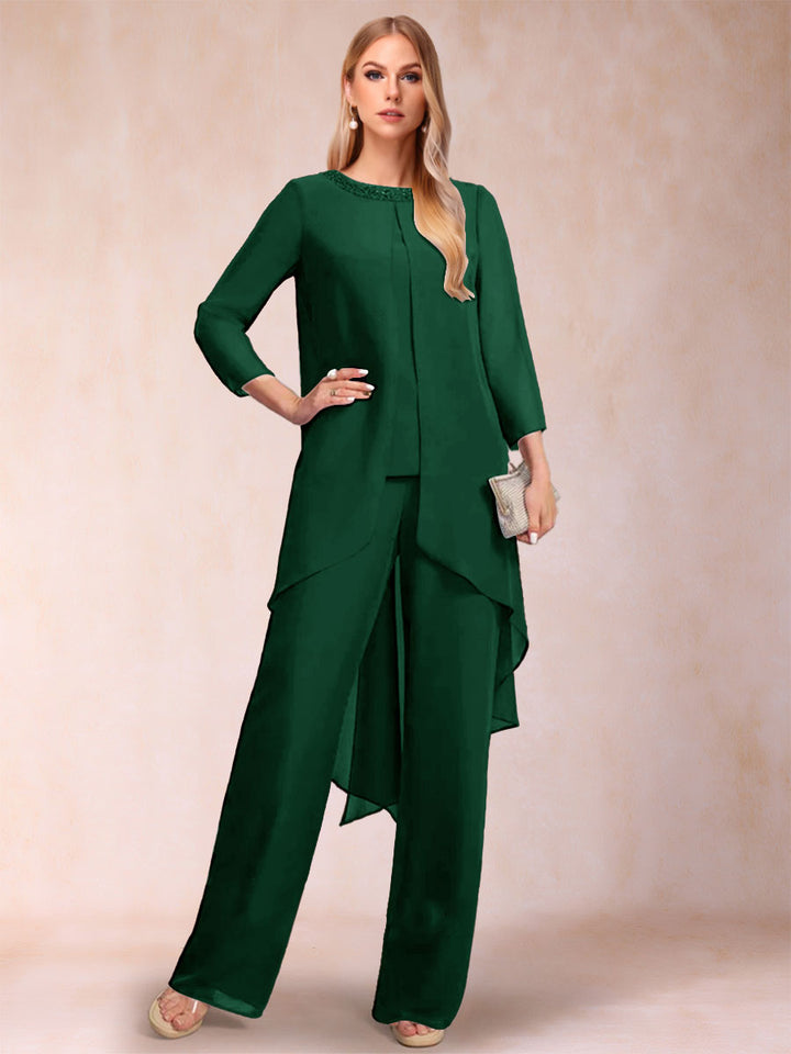 Chiffon Scoop Long Sleeves 2 Pieces Pantsuits with Rhinestone &amp; Jacket