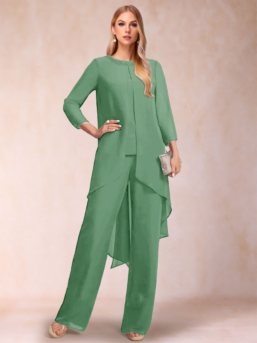 Chiffon Scoop Long Sleeves 2 Pieces Pantsuits with Rhinestone &amp; Jacket
