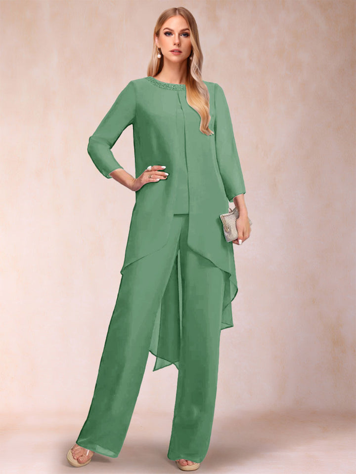 Chiffon Scoop Long Sleeves 2 Pieces Pantsuits with Rhinestone &amp; Jacket