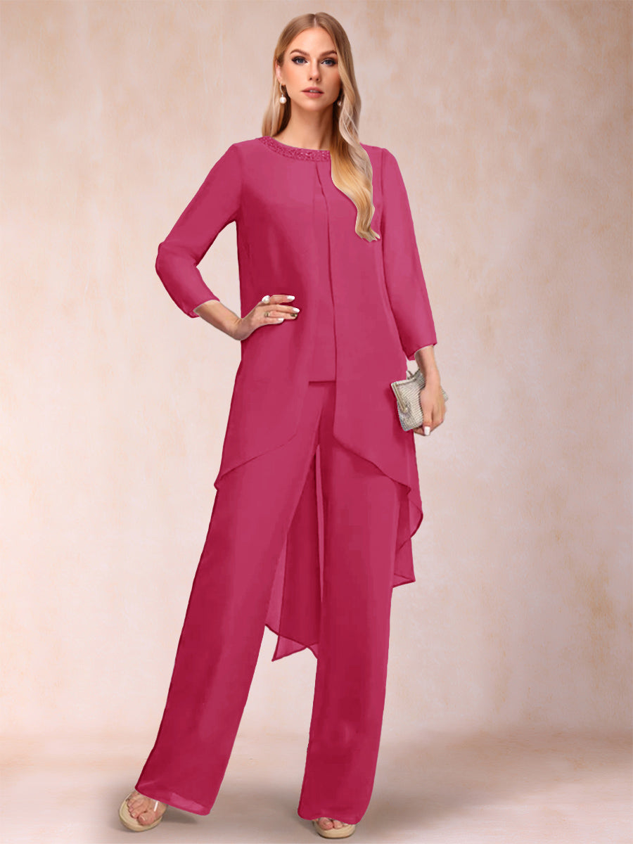 Chiffon Scoop Long Sleeves 2 Pieces Pantsuits with Rhinestone &amp; Jacket