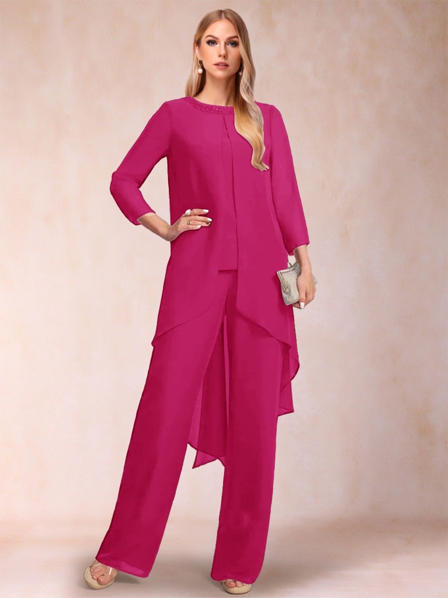 Chiffon Scoop Long Sleeves 2 Pieces Pantsuits with Rhinestone &amp; Jacket