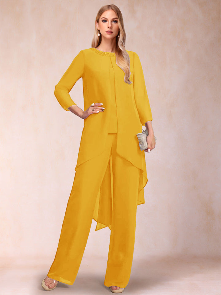 Chiffon Scoop Long Sleeves 2 Pieces Pantsuits with Rhinestone &amp; Jacket