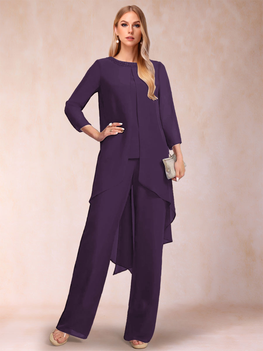 Chiffon Scoop Long Sleeves 2 Pieces Pantsuits with Rhinestone &amp; Jacket