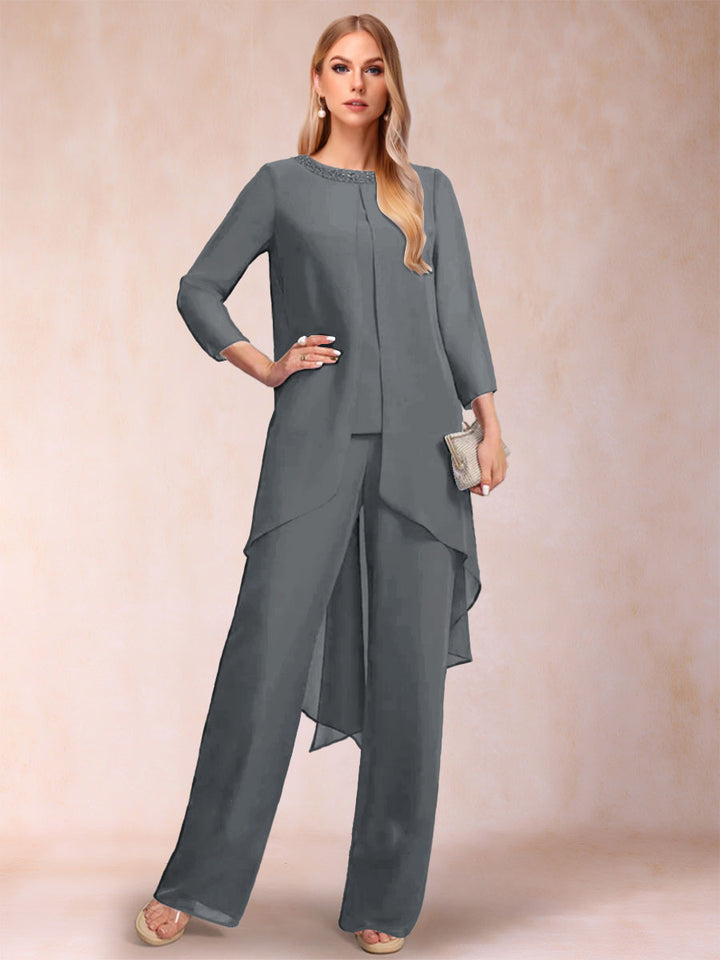 Chiffon Scoop Long Sleeves 2 Pieces Pantsuits with Rhinestone &amp; Jacket