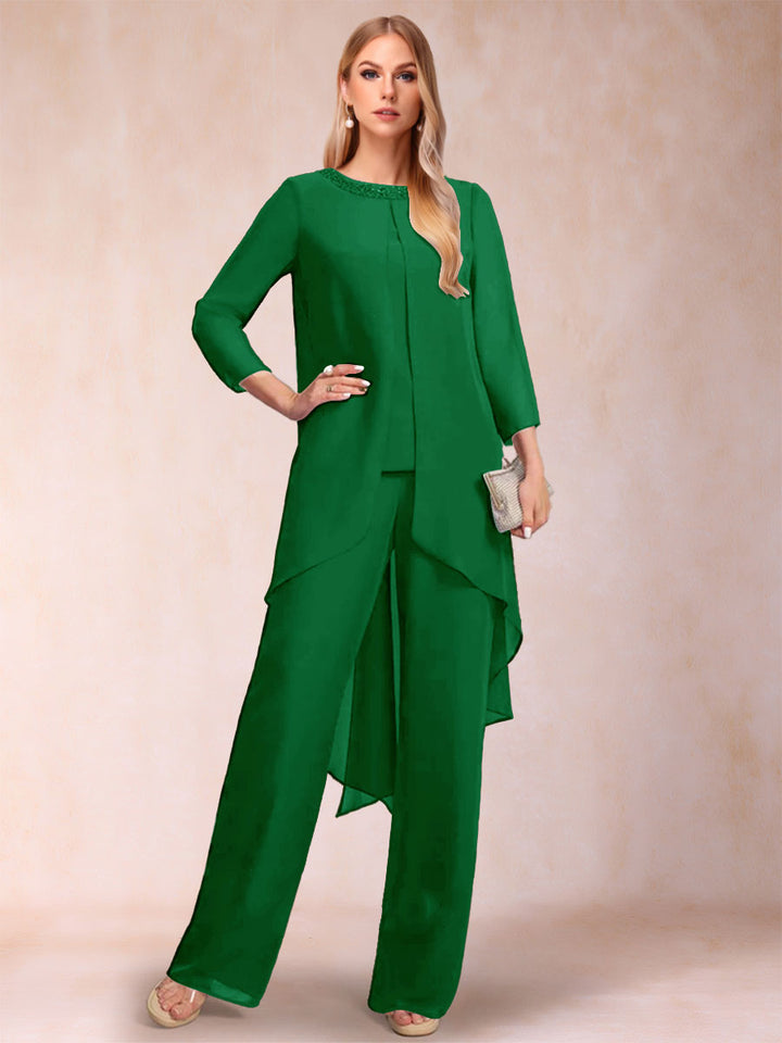 Chiffon Scoop Long Sleeves 2 Pieces Pantsuits with Rhinestone &amp; Jacket