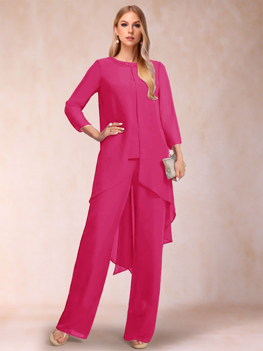 Chiffon Scoop Long Sleeves 2 Pieces Pantsuits with Rhinestone &amp; Jacket