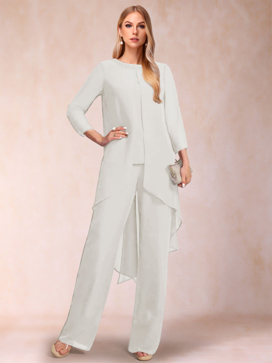Chiffon Scoop Long Sleeves 2 Pieces Pantsuits with Rhinestone &amp; Jacket