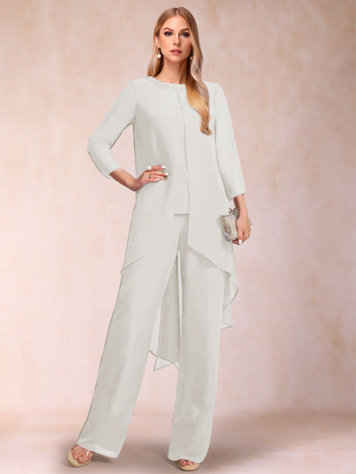 Chiffon Scoop Long Sleeves 2 Pieces Pantsuits with Rhinestone &amp; Jacket