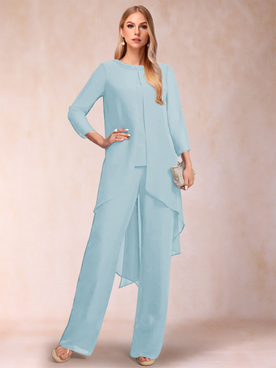 Chiffon Scoop Long Sleeves 2 Pieces Pantsuits with Rhinestone &amp; Jacket