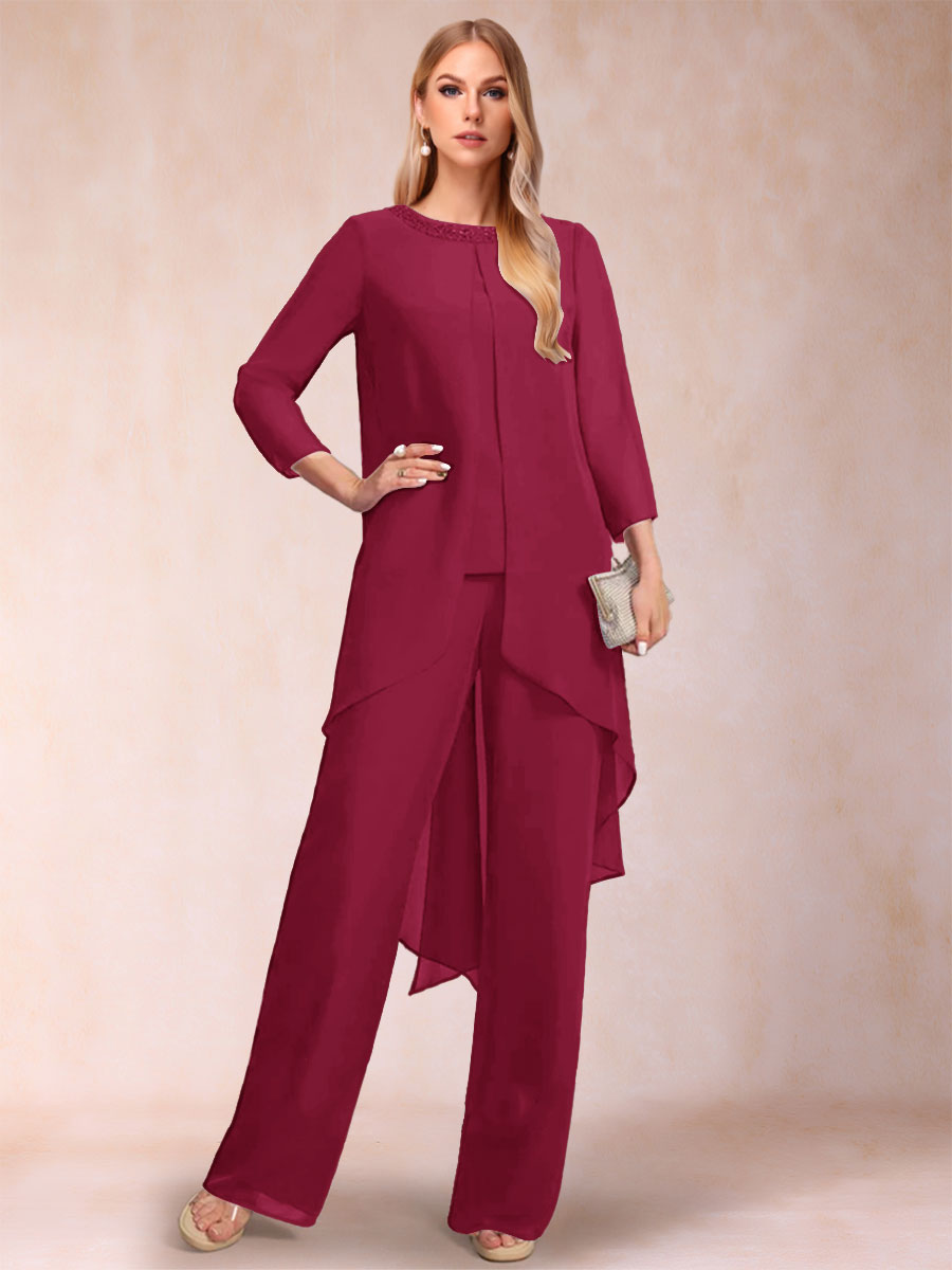 Chiffon Scoop Long Sleeves 2 Pieces Pantsuits with Rhinestone &amp; Jacket