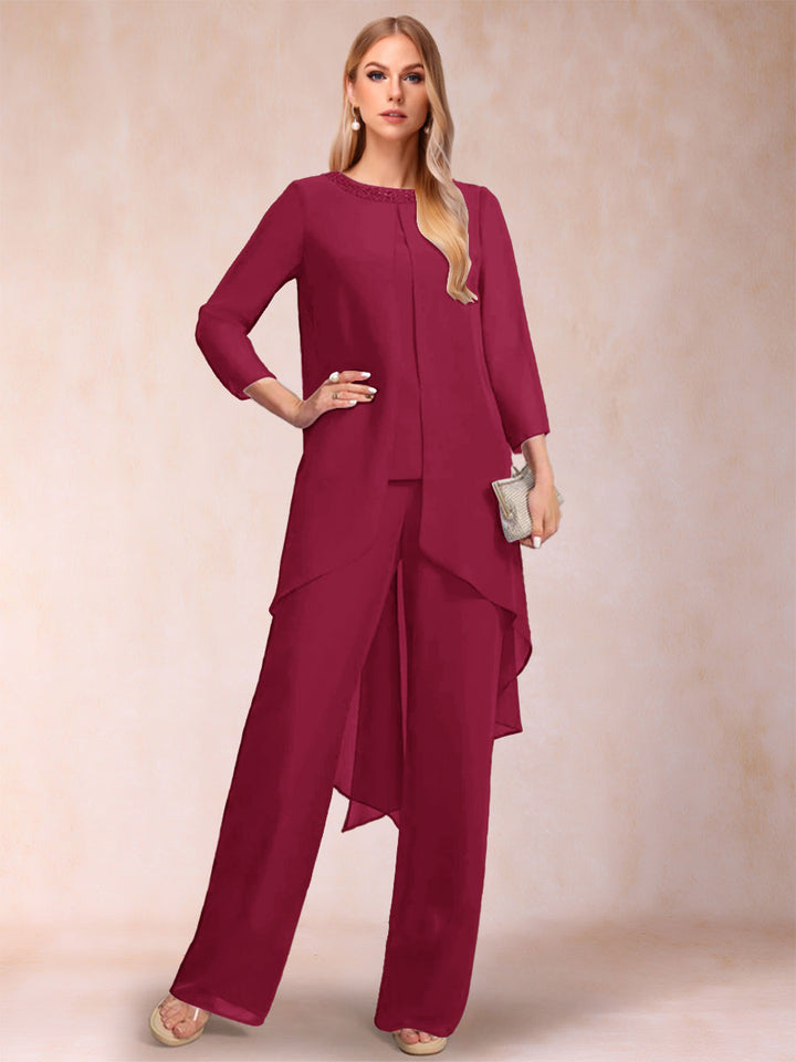 Chiffon Scoop Long Sleeves 2 Pieces Pantsuits with Rhinestone &amp; Jacket