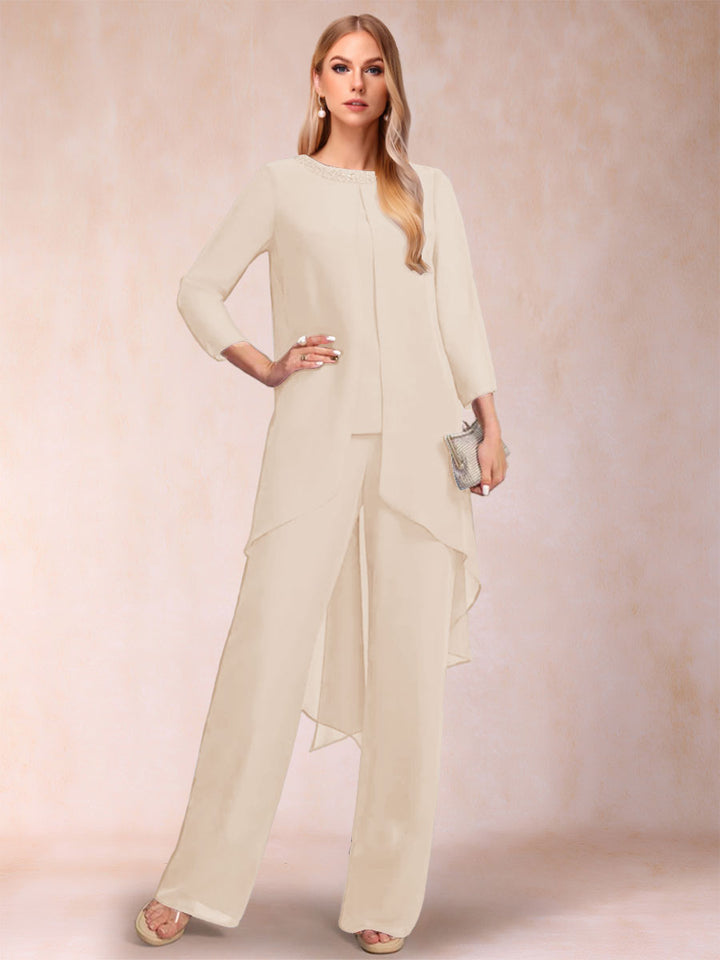 Chiffon Scoop Long Sleeves 2 Pieces Pantsuits with Rhinestone &amp; Jacket