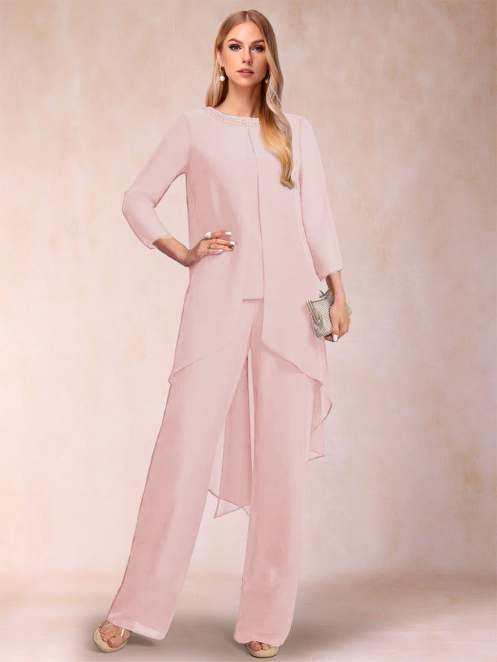 Chiffon Scoop Long Sleeves 2 Pieces Pantsuits with Rhinestone &amp; Jacket