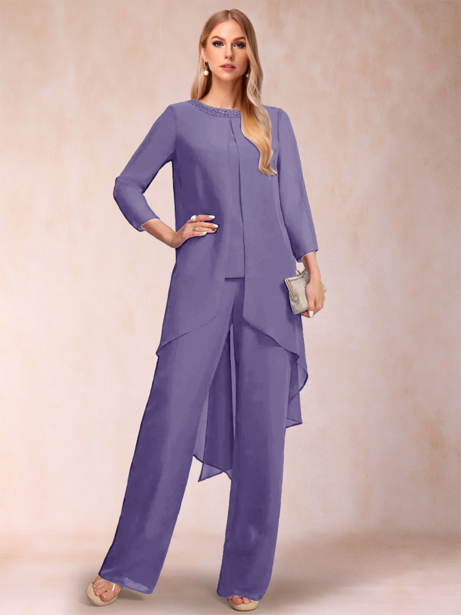 Chiffon Scoop Long Sleeves 2 Pieces Pantsuits with Rhinestone &amp; Jacket