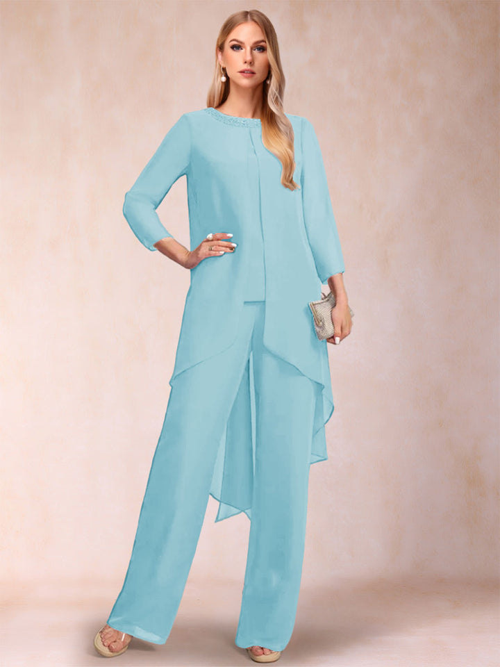 Chiffon Scoop Long Sleeves 2 Pieces Pantsuits with Rhinestone &amp; Jacket
