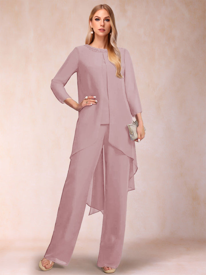 Chiffon Scoop Long Sleeves 2 Pieces Pantsuits with Rhinestone &amp; Jacket