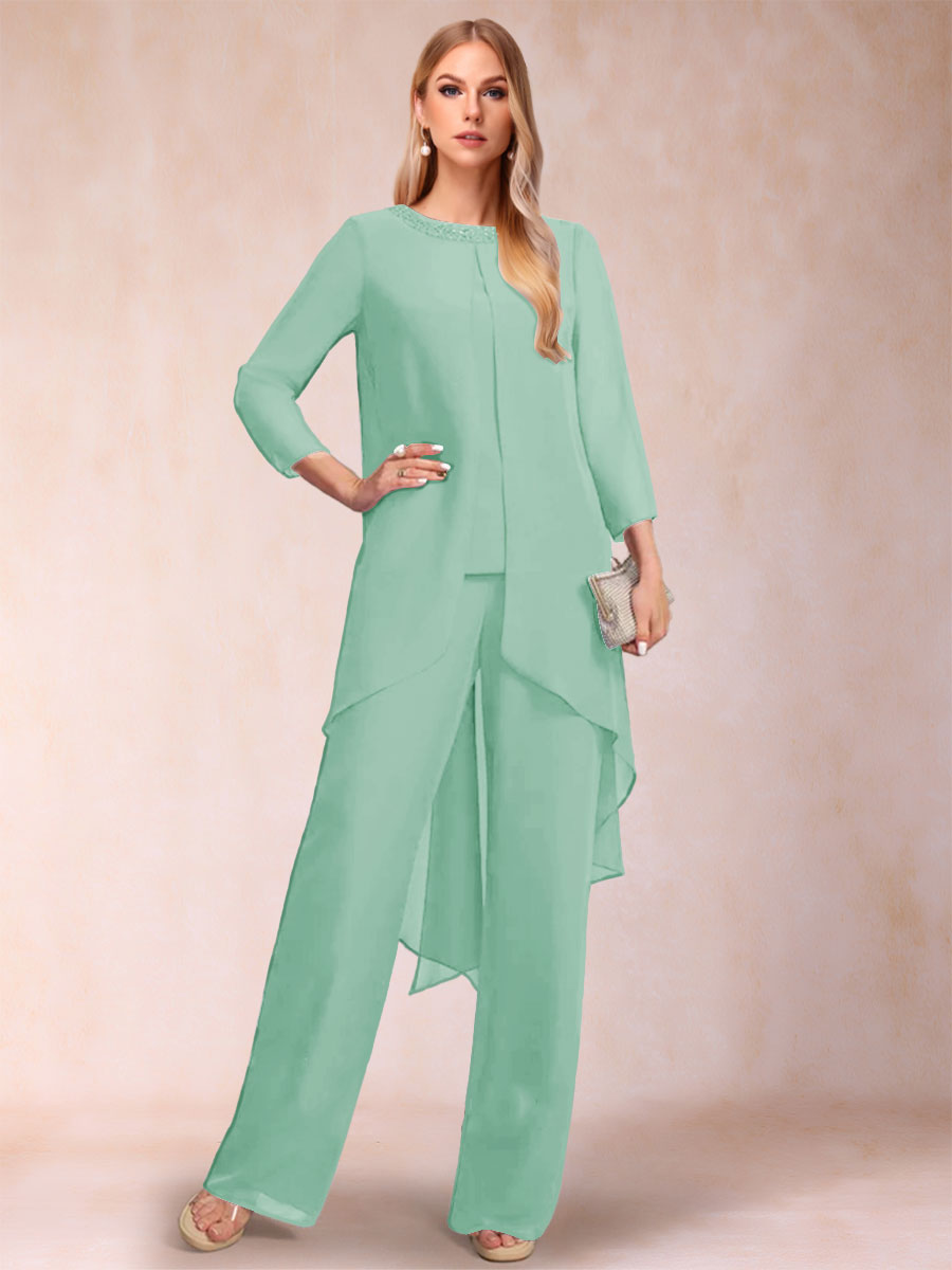Chiffon Scoop Long Sleeves 2 Pieces Pantsuits with Rhinestone &amp; Jacket