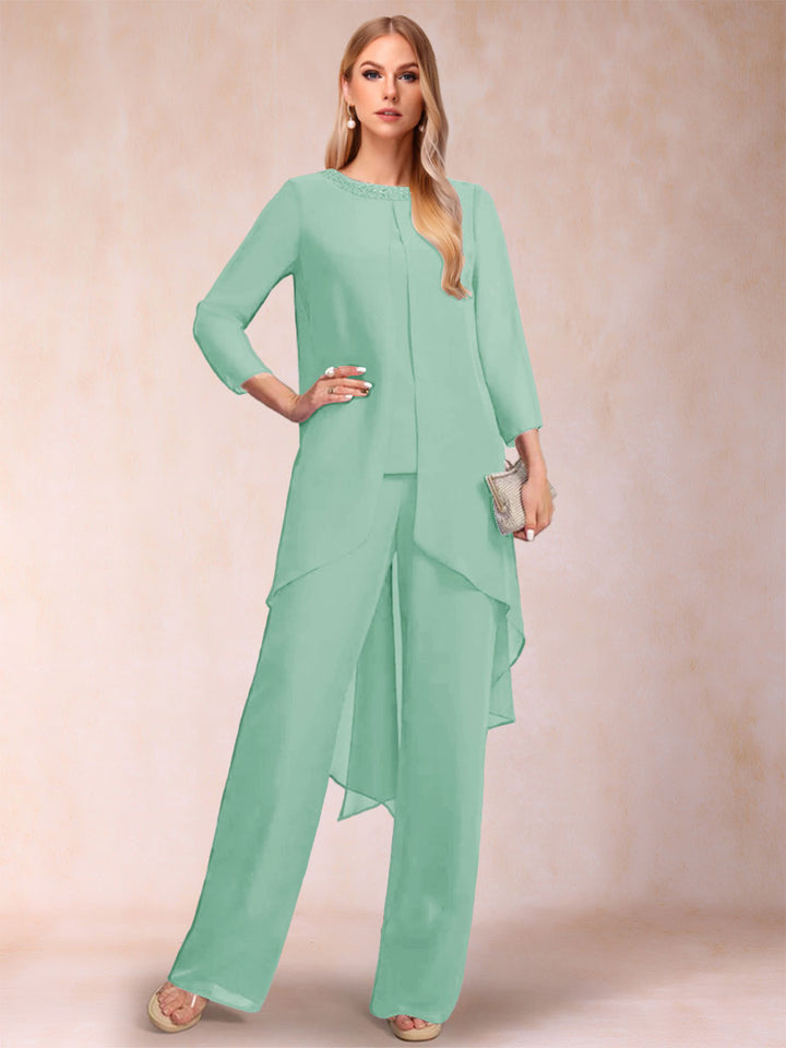 Chiffon Scoop Long Sleeves 2 Pieces Pantsuits with Rhinestone &amp; Jacket