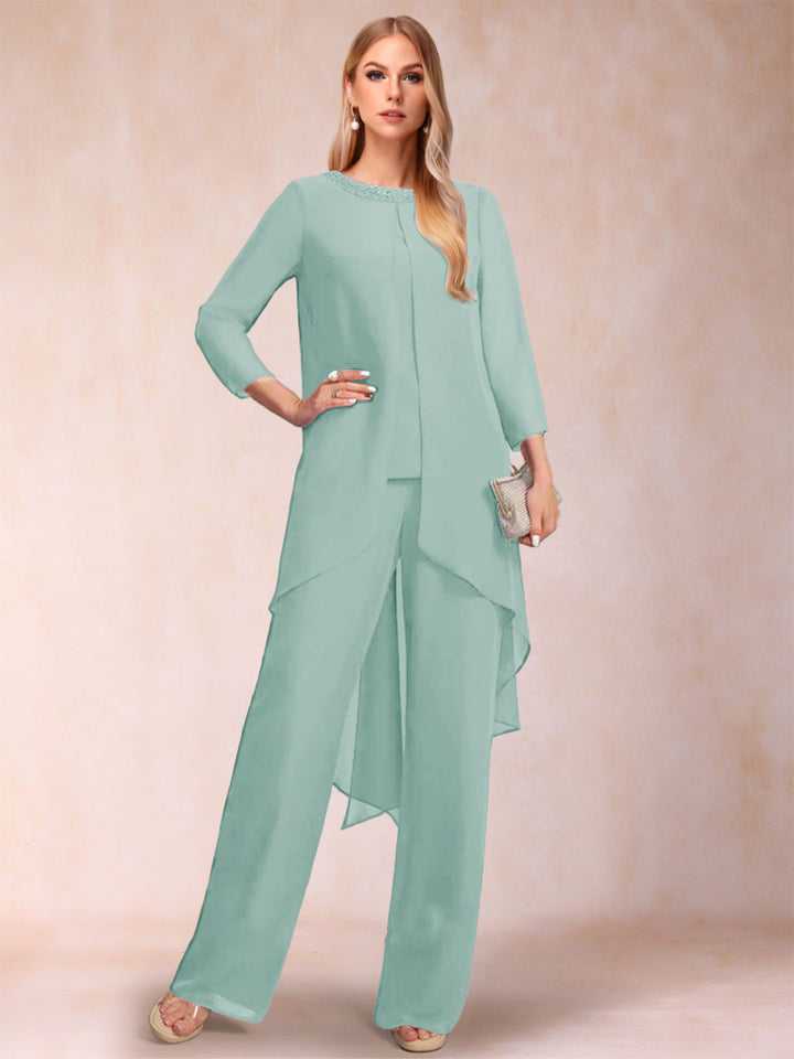 Chiffon Scoop Long Sleeves 2 Pieces Pantsuits with Rhinestone &amp; Jacket