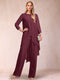 Chiffon Scoop Long Sleeves 2 Pieces Pantsuits with Rhinestone & Jacket