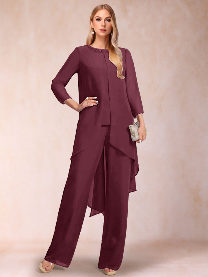 Chiffon Scoop Long Sleeves 2 Pieces Pantsuits with Rhinestone &amp; Jacket