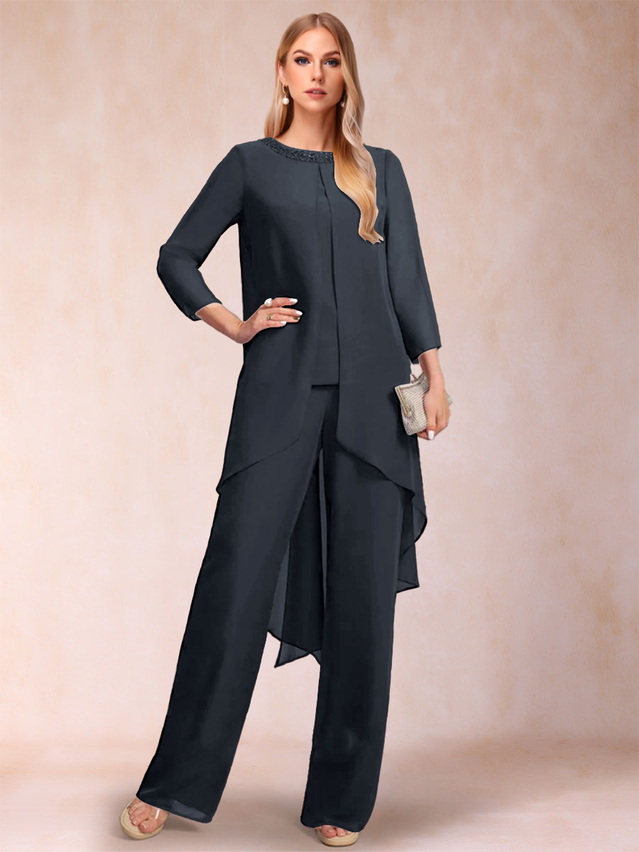 Chiffon Scoop Long Sleeves 2 Pieces Pantsuits with Rhinestone &amp; Jacket