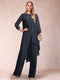 Chiffon Scoop Long Sleeves 2 Pieces Pantsuits with Rhinestone & Jacket
