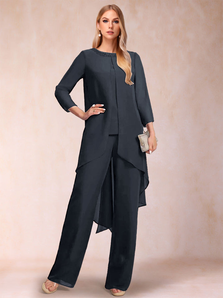 Chiffon Scoop Long Sleeves 2 Pieces Pantsuits with Rhinestone &amp; Jacket