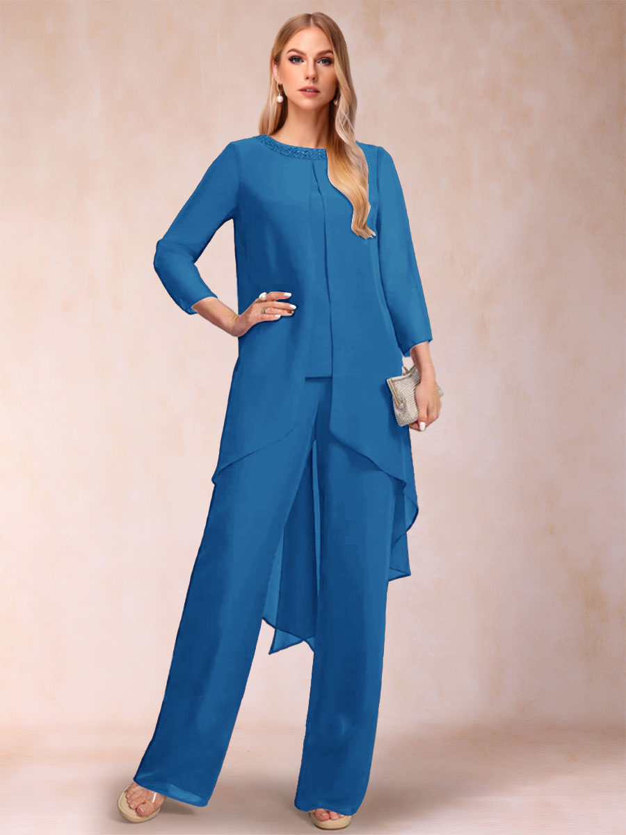 Chiffon Scoop Long Sleeves 2 Pieces Pantsuits with Rhinestone &amp; Jacket