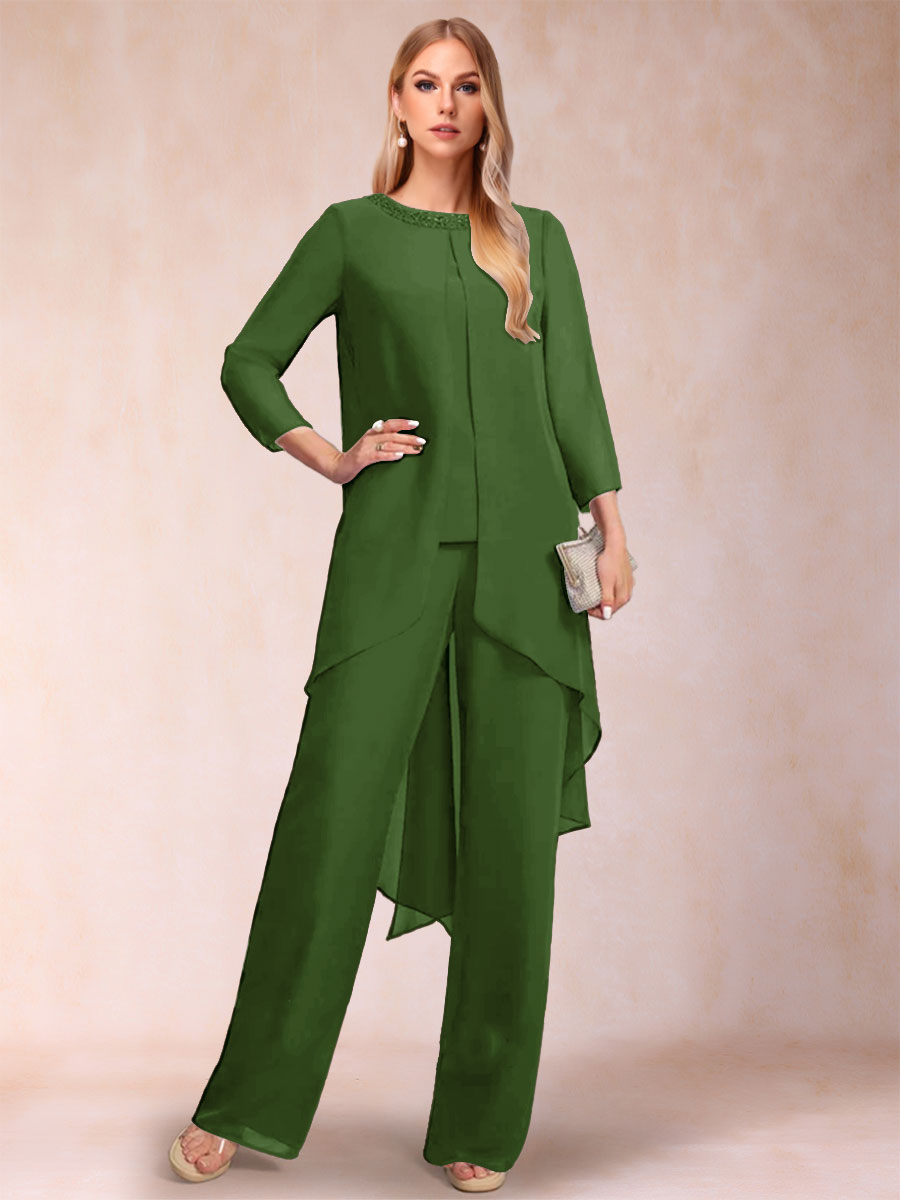 Chiffon Scoop Long Sleeves 2 Pieces Pantsuits with Rhinestone &amp; Jacket