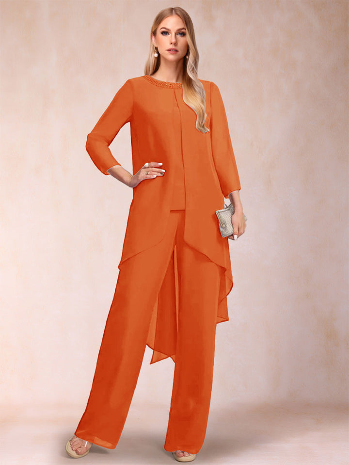 Chiffon Scoop Long Sleeves 2 Pieces Pantsuits with Rhinestone &amp; Jacket