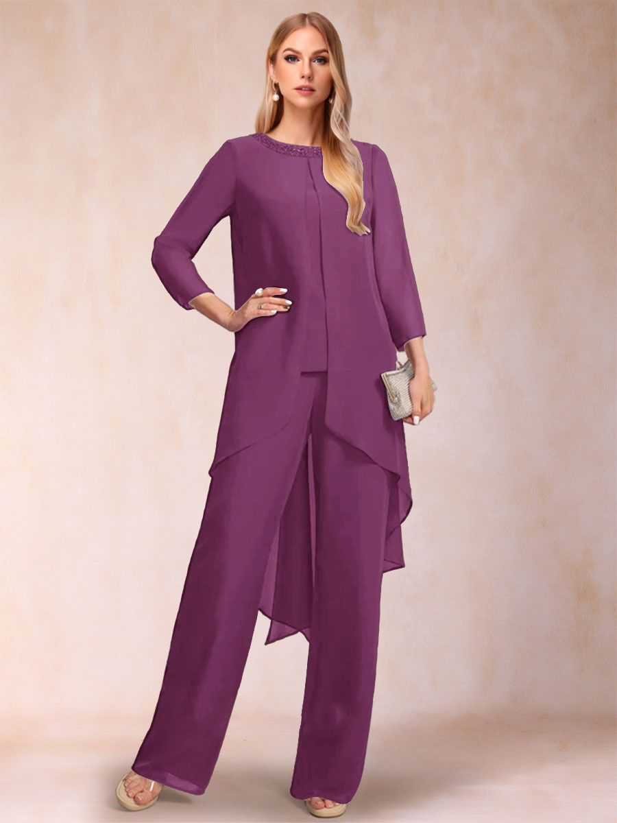 Chiffon Scoop Long Sleeves 2 Pieces Pantsuits with Rhinestone &amp; Jacket